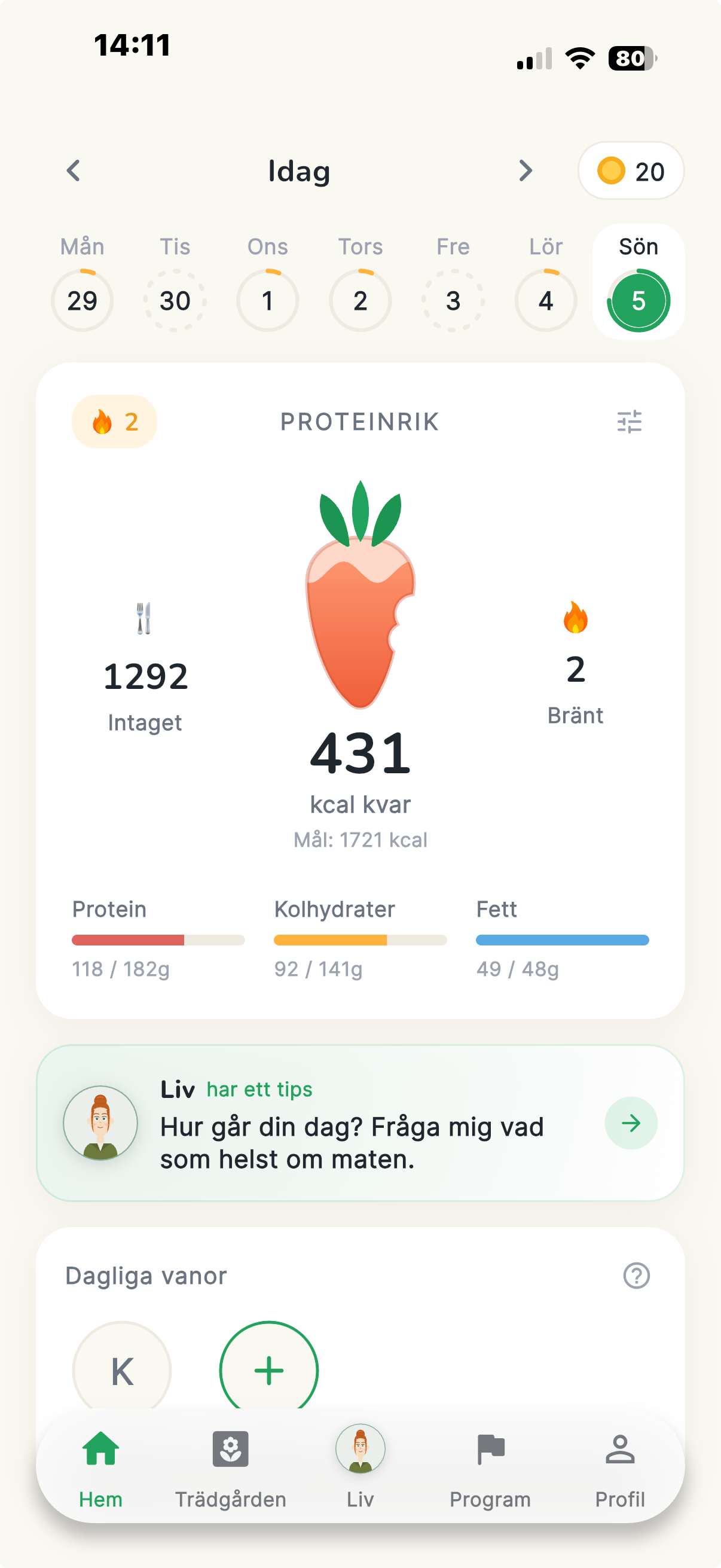 Morots hemskärm med dagens kalorier, makros och vanor