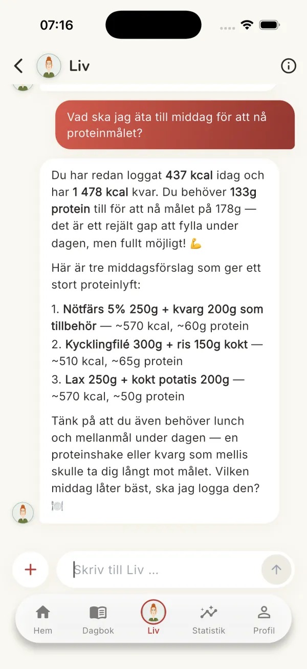 Liv föreslår tre middagar utifrån dagens loggade protein och kalorier