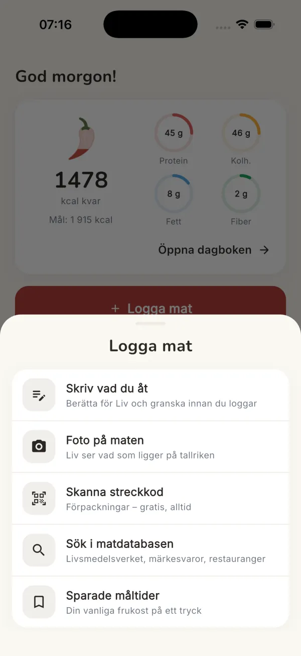 Snabb loggning med sparade måltider, skanning och foto
