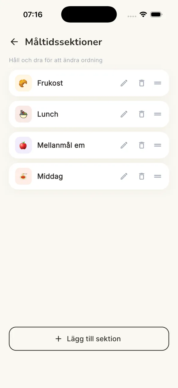 Egna måltidssektioner som går att ordna om